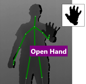 Depth frame showing skeleton and extracted hand.